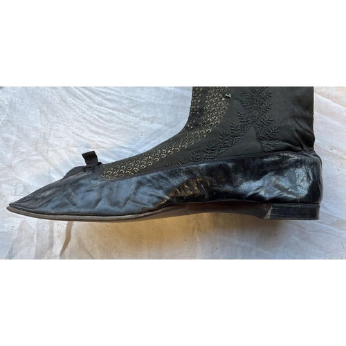 2105 - PAIR OF 19TH CENTURY LEATHER & FABRIC BOOTS WITH ORNATE PIERCED DECORATION TO BODY 28.5CM LONG SOLE