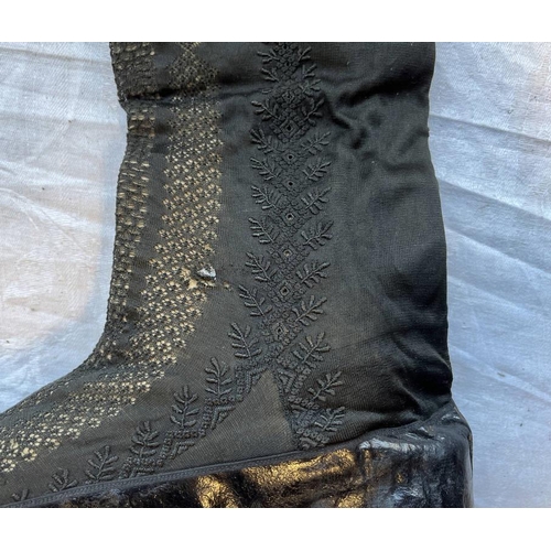 2105 - PAIR OF 19TH CENTURY LEATHER & FABRIC BOOTS WITH ORNATE PIERCED DECORATION TO BODY 28.5CM LONG SOLE