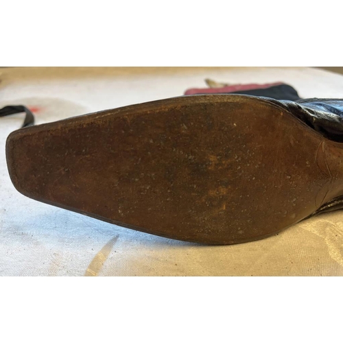 2105 - PAIR OF 19TH CENTURY LEATHER & FABRIC BOOTS WITH ORNATE PIERCED DECORATION TO BODY 28.5CM LONG SOLE