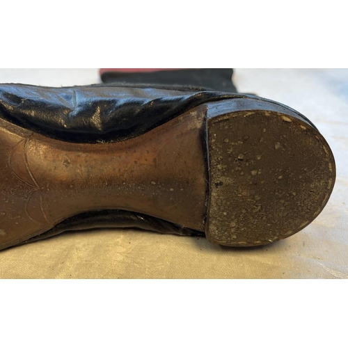 2105 - PAIR OF 19TH CENTURY LEATHER & FABRIC BOOTS WITH ORNATE PIERCED DECORATION TO BODY 28.5CM LONG SOLE