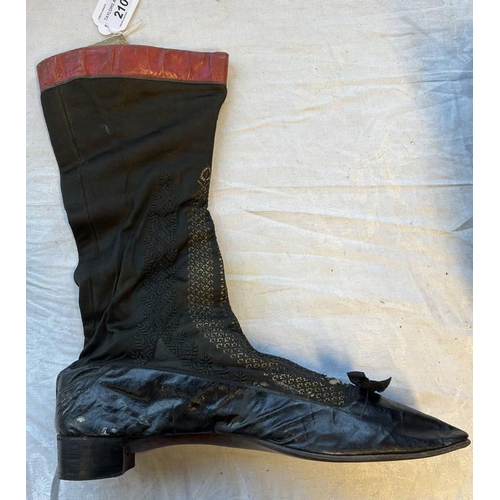 2105 - PAIR OF 19TH CENTURY LEATHER & FABRIC BOOTS WITH ORNATE PIERCED DECORATION TO BODY 28.5CM LONG SOLE