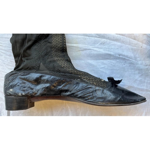 2105 - PAIR OF 19TH CENTURY LEATHER & FABRIC BOOTS WITH ORNATE PIERCED DECORATION TO BODY 28.5CM LONG SOLE