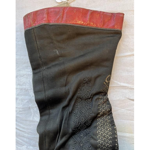 2105 - PAIR OF 19TH CENTURY LEATHER & FABRIC BOOTS WITH ORNATE PIERCED DECORATION TO BODY 28.5CM LONG SOLE
