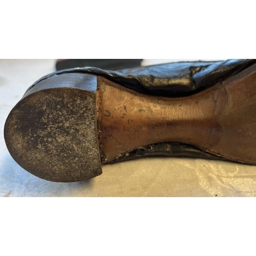 2105 - PAIR OF 19TH CENTURY LEATHER & FABRIC BOOTS WITH ORNATE PIERCED DECORATION TO BODY 28.5CM LONG SOLE