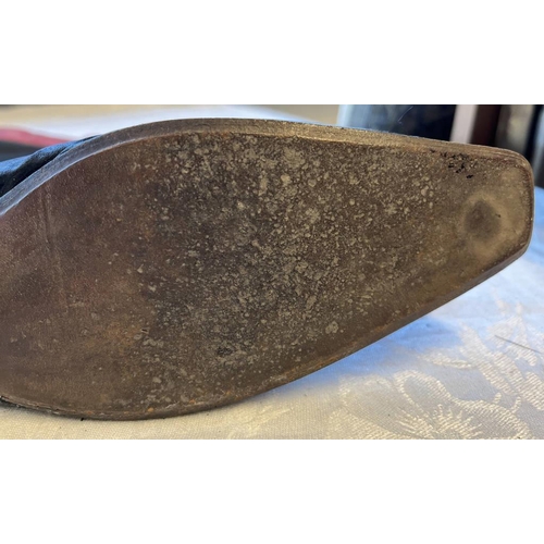 2105 - PAIR OF 19TH CENTURY LEATHER & FABRIC BOOTS WITH ORNATE PIERCED DECORATION TO BODY 28.5CM LONG SOLE