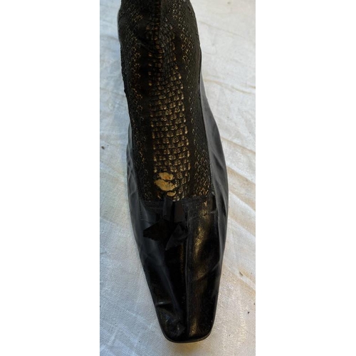 2105 - PAIR OF 19TH CENTURY LEATHER & FABRIC BOOTS WITH ORNATE PIERCED DECORATION TO BODY 28.5CM LONG SOLE