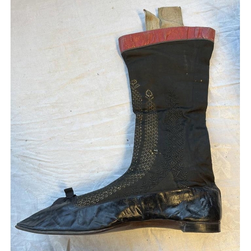 2105 - PAIR OF 19TH CENTURY LEATHER & FABRIC BOOTS WITH ORNATE PIERCED DECORATION TO BODY 28.5CM LONG SOLE
