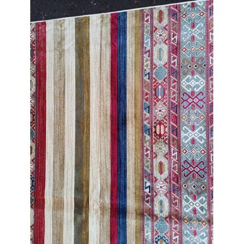 2139 - LARGE FULL PILE CASHMERE CARPET WITH MULTICOLOURED AZTEC DESIGN 383CM X 272CM