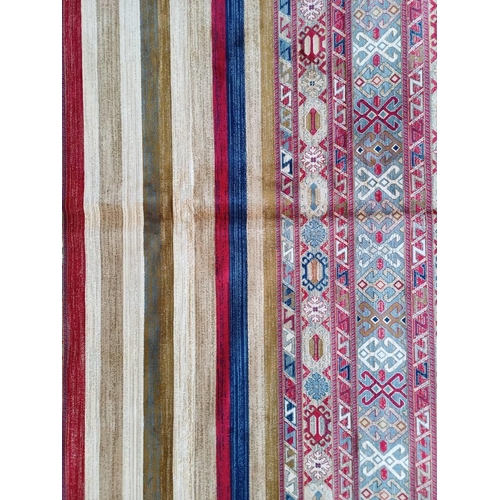 2139 - LARGE FULL PILE CASHMERE CARPET WITH MULTICOLOURED AZTEC DESIGN 383CM X 272CM