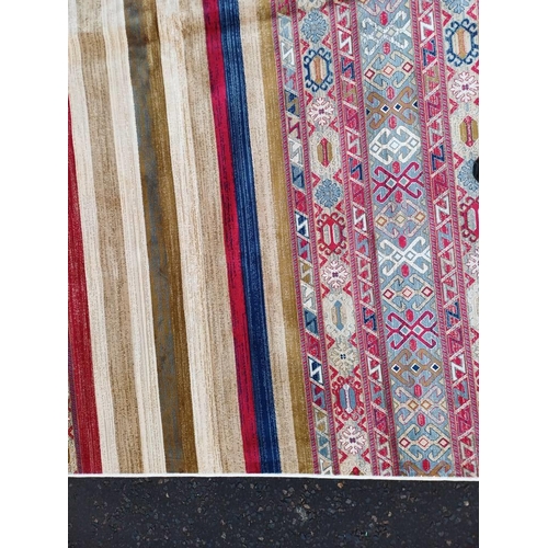 2139 - LARGE FULL PILE CASHMERE CARPET WITH MULTICOLOURED AZTEC DESIGN 383CM X 272CM