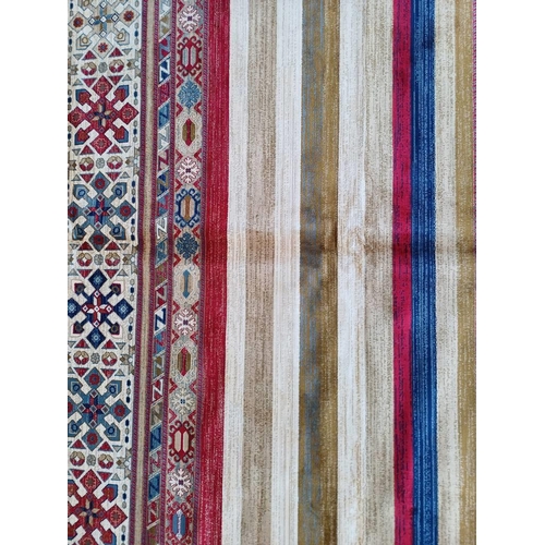 2139 - LARGE FULL PILE CASHMERE CARPET WITH MULTICOLOURED AZTEC DESIGN 383CM X 272CM