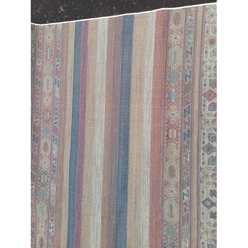 2139 - LARGE FULL PILE CASHMERE CARPET WITH MULTICOLOURED AZTEC DESIGN 383CM X 272CM