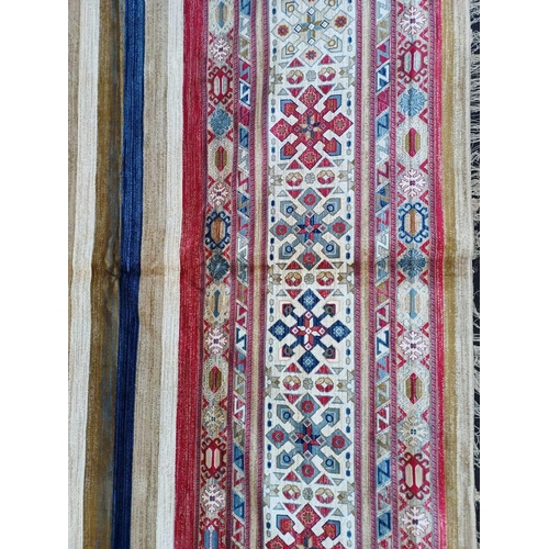 2139 - LARGE FULL PILE CASHMERE CARPET WITH MULTICOLOURED AZTEC DESIGN 383CM X 272CM