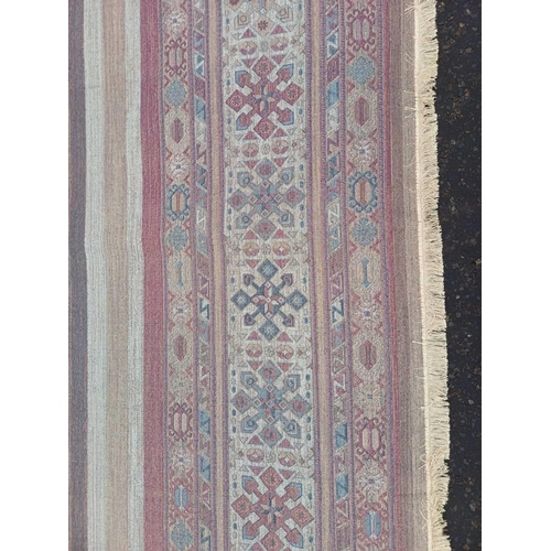 2139 - LARGE FULL PILE CASHMERE CARPET WITH MULTICOLOURED AZTEC DESIGN 383CM X 272CM