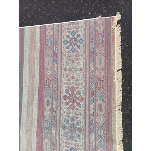 2139 - LARGE FULL PILE CASHMERE CARPET WITH MULTICOLOURED AZTEC DESIGN 383CM X 272CM