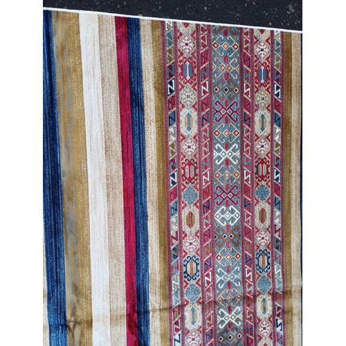 2139 - LARGE FULL PILE CASHMERE CARPET WITH MULTICOLOURED AZTEC DESIGN 383CM X 272CM