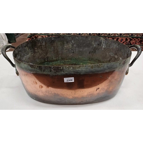 2308 - 19TH CENTURY COPPER DOUBLE HANDLED OVAL POT, 67CM ACROSS