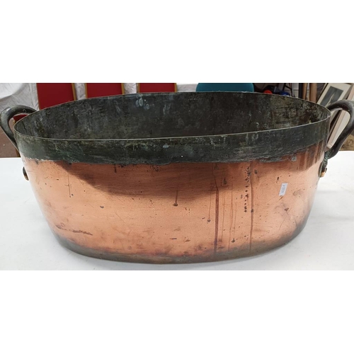 2308 - 19TH CENTURY COPPER DOUBLE HANDLED OVAL POT, 67CM ACROSS