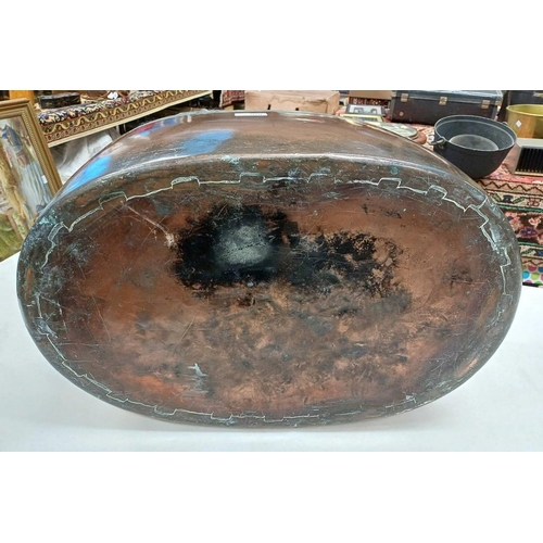 2308 - 19TH CENTURY COPPER DOUBLE HANDLED OVAL POT, 67CM ACROSS