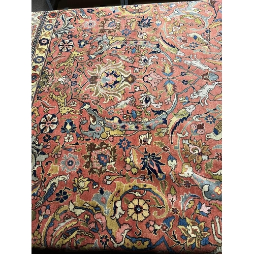 2321 - LARGE PINK & YELLOW GROUND MIDDLE EASTERN CARPET WITH ANIMAL, BIRD & FLORAL DESIGN, 390 X 300 CM