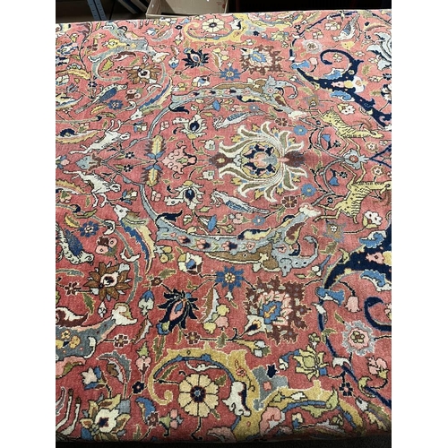 2321 - LARGE PINK & YELLOW GROUND MIDDLE EASTERN CARPET WITH ANIMAL, BIRD & FLORAL DESIGN, 390 X 300 CM