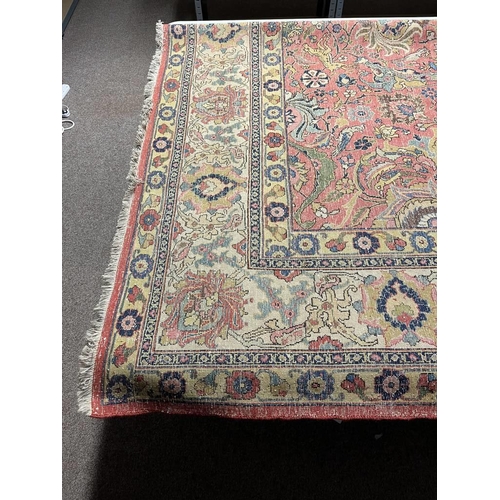 2321 - LARGE PINK & YELLOW GROUND MIDDLE EASTERN CARPET WITH ANIMAL, BIRD & FLORAL DESIGN, 390 X 300 CM