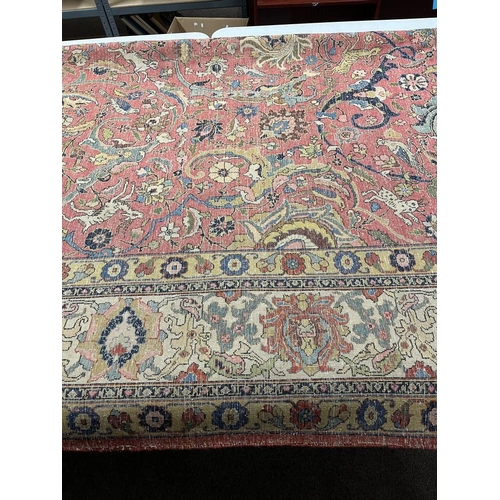 2321 - LARGE PINK & YELLOW GROUND MIDDLE EASTERN CARPET WITH ANIMAL, BIRD & FLORAL DESIGN, 390 X 300 CM