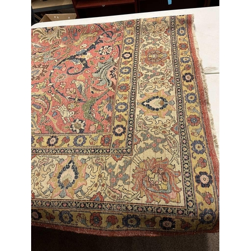 2321 - LARGE PINK & YELLOW GROUND MIDDLE EASTERN CARPET WITH ANIMAL, BIRD & FLORAL DESIGN, 390 X 300 CM