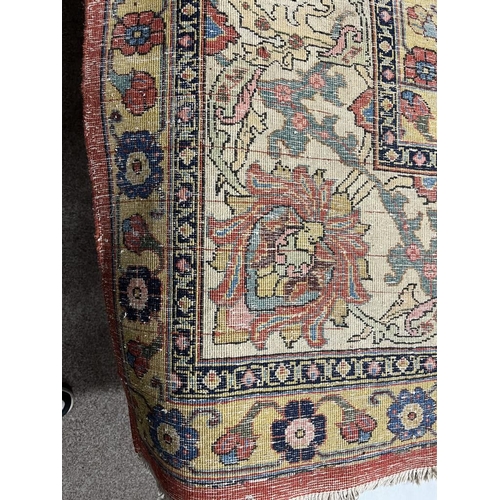 2321 - LARGE PINK & YELLOW GROUND MIDDLE EASTERN CARPET WITH ANIMAL, BIRD & FLORAL DESIGN, 390 X 300 CM