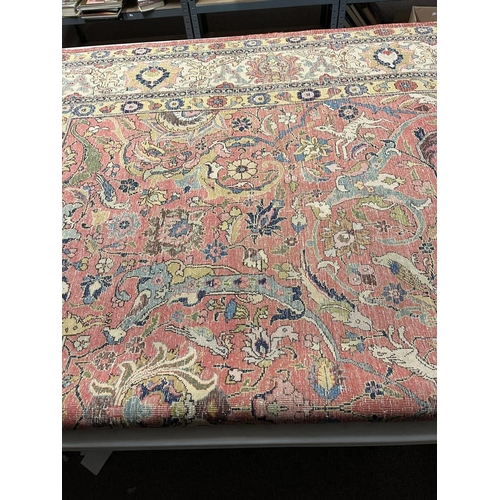 2321 - LARGE PINK & YELLOW GROUND MIDDLE EASTERN CARPET WITH ANIMAL, BIRD & FLORAL DESIGN, 390 X 300 CM