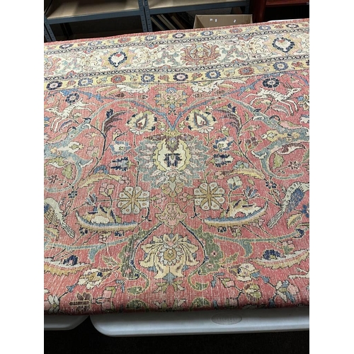 2321 - LARGE PINK & YELLOW GROUND MIDDLE EASTERN CARPET WITH ANIMAL, BIRD & FLORAL DESIGN, 390 X 300 CM