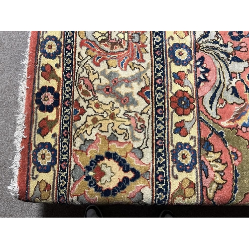 2321 - LARGE PINK & YELLOW GROUND MIDDLE EASTERN CARPET WITH ANIMAL, BIRD & FLORAL DESIGN, 390 X 300 CM