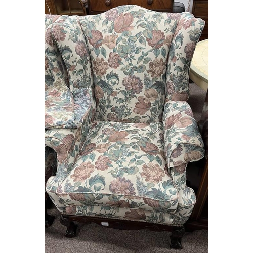 251 - PAIR OF 19TH CENTURY WINGBACK ARMCHAIRS ON CARVED MAHOGANY BASES WITH BALL & CLAW SUPPORTS.