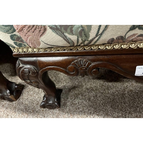 251 - PAIR OF 19TH CENTURY WINGBACK ARMCHAIRS ON CARVED MAHOGANY BASES WITH BALL & CLAW SUPPORTS.