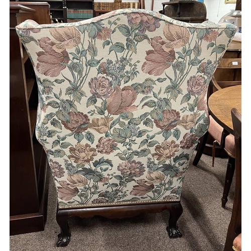 251 - PAIR OF 19TH CENTURY WINGBACK ARMCHAIRS ON CARVED MAHOGANY BASES WITH BALL & CLAW SUPPORTS.