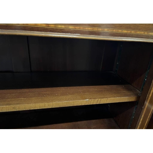 267 - 20TH CENTURY INLAID MAHOGANY OPEN BOOKCASE WITH ADJUSTABLE SHELVES ON BRACKET SUPPORTS - 1145 CM TAL... 