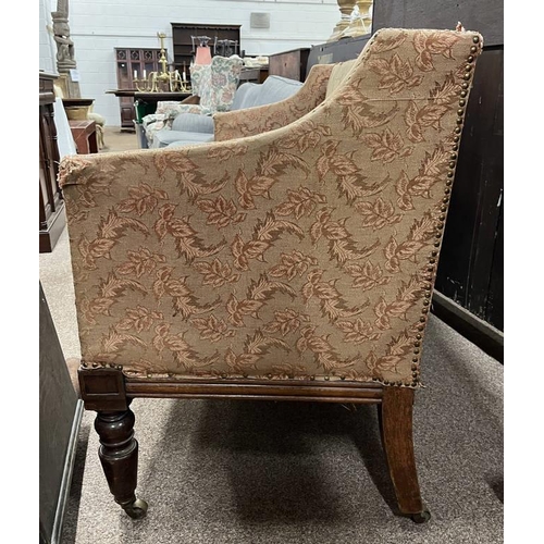 277 - 19TH CENTURY MAHOGANY FRAMED OVERSTUFFED 3 SEATER SETTEE WITH BRASS STUD WORK ON TURNED SUPPORTS