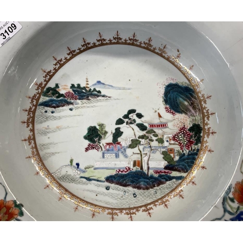 3109 - LARGE 18TH OR 19TH CENTURY CHINESE SHALLOW BOWL DECORATED WITH LANDSCAPE & FLORAL BORDERS - 39CM DIA... 