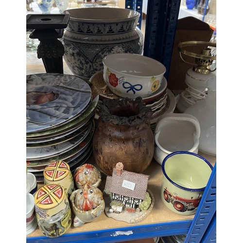 3133 - LARGE SELECTION PORCELAIN, GLASSWARE, WOODEN WARE INCLUDING BOWL G D BOWLER ETC ON 4 SHELVES