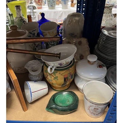 3138 - LARGE SELECTION COPPER & BRASSWARE, PORCELAIN, CUT GLASS WARE, ELIZABETH TEASET, ETC ON 3 SHELVES