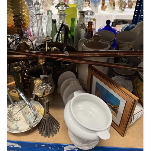 3138 - LARGE SELECTION COPPER & BRASSWARE, PORCELAIN, CUT GLASS WARE, ELIZABETH TEASET, ETC ON 3 SHELVES