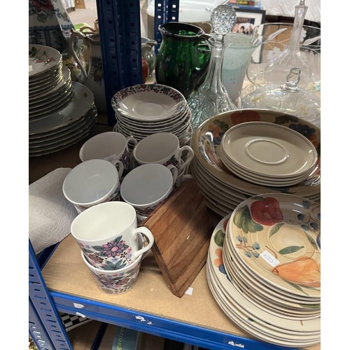 3138 - LARGE SELECTION COPPER & BRASSWARE, PORCELAIN, CUT GLASS WARE, ELIZABETH TEASET, ETC ON 3 SHELVES