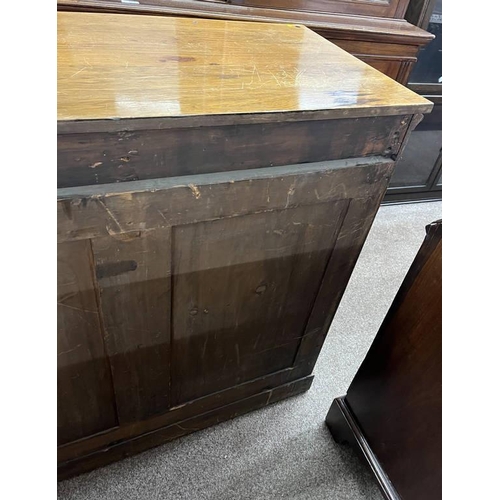 58 - LATE 19TH CENTURY WALNUT SIDEBOARD WITH 4 PANEL DOORS WITH DECORATIVE BRASS WORK ON PLINTH BASE.  93... 