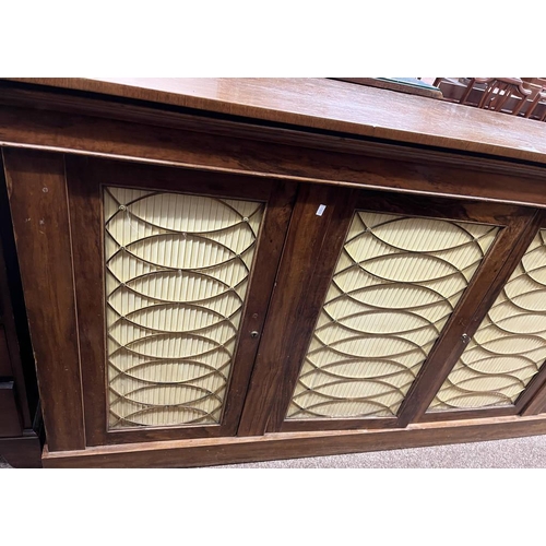 58 - LATE 19TH CENTURY WALNUT SIDEBOARD WITH 4 PANEL DOORS WITH DECORATIVE BRASS WORK ON PLINTH BASE.  93... 