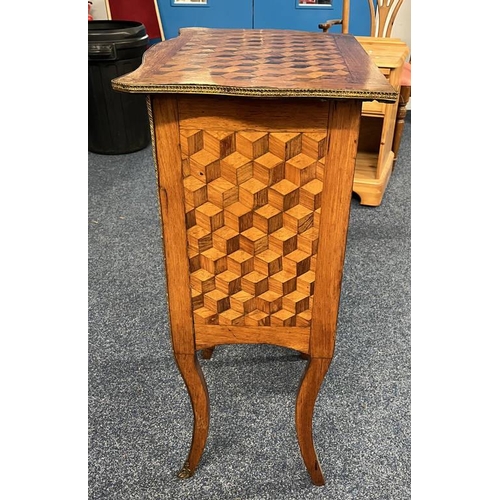 73 - 19TH CENTURY WALNUT CONTINENTAL SMALL CHEST WITH PARQUETRY STYLE INLAY, SHAPED TOP & 3 DRAWERS ON SH... 