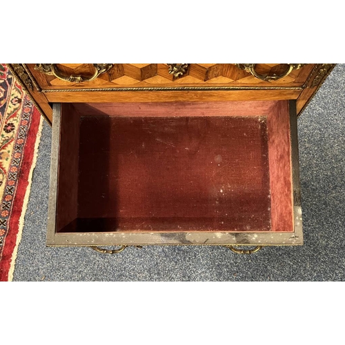 73 - 19TH CENTURY WALNUT CONTINENTAL SMALL CHEST WITH PARQUETRY STYLE INLAY, SHAPED TOP & 3 DRAWERS ON SH... 