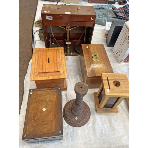 1239 - CASED SET OF SCALES, ANGLO INDIAN CARVED WOODEN TABLE LAMP, BOXES ETC.