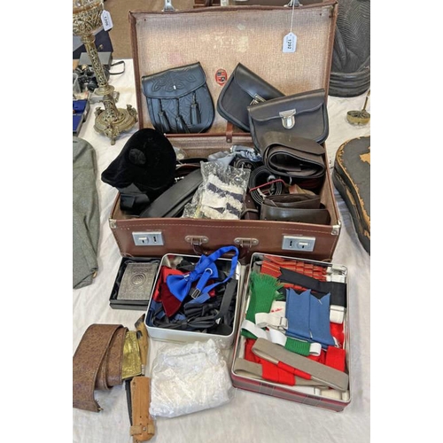 1292 - KILT BELTS AND BUCKLES, BOW TIES, SPORRAN'S, DEER HOOF KNIFE ETC IN A SUITCASE