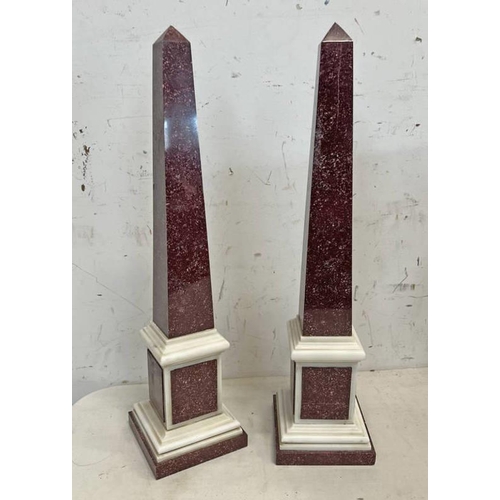 1293 - PAIR OF RED AND WHITE HARDSTONE OBELISKS, 55.5CM TALL