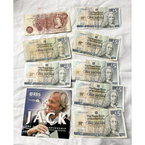 1330 - 7 JACK NICKLAUS £5 NOTES, BANK OF ENGLAND 10 SHILLINGS NOTE, AND AN RBS JACK NICKLAUS DVD